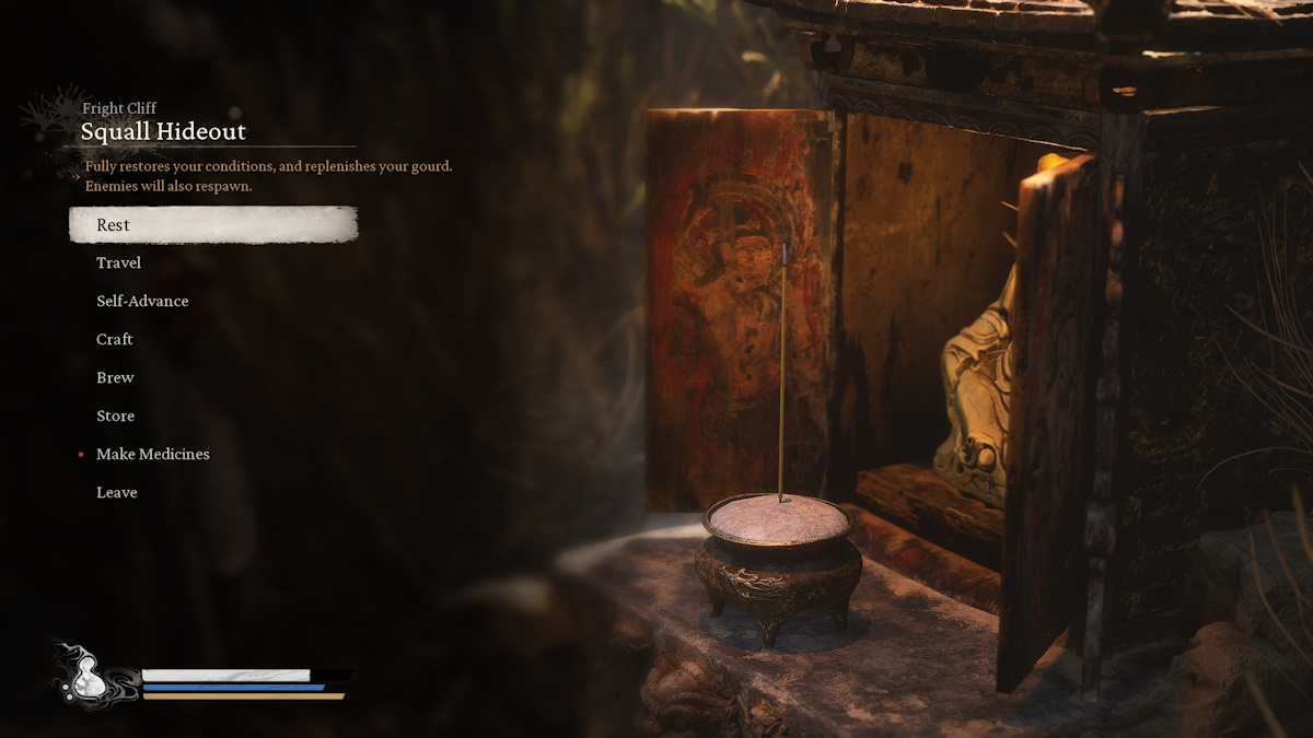 The menu shown in Black Myth: Wukong when resting at the Squall Hideout shrine.