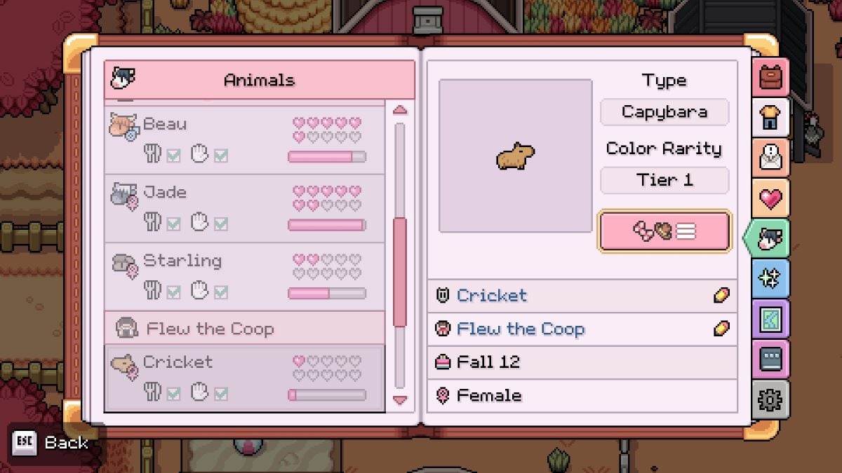 Player's Capybara profile in Fields of Mistria