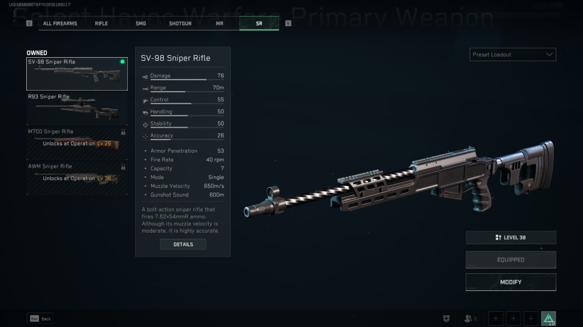 SV-98, in the weapon selection screen in Delta Force: Hawk Ops.