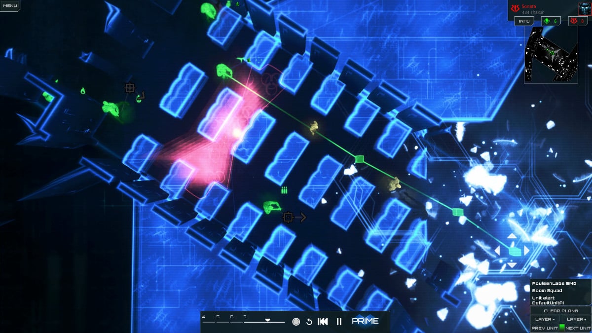 Units fighting in a corridor, bird's eye view, in the game Frozen Synapse 2