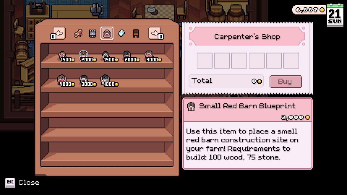 A Small Red Barn Blueprint for sale at the Carpenter's Shop in Fields of Mistria