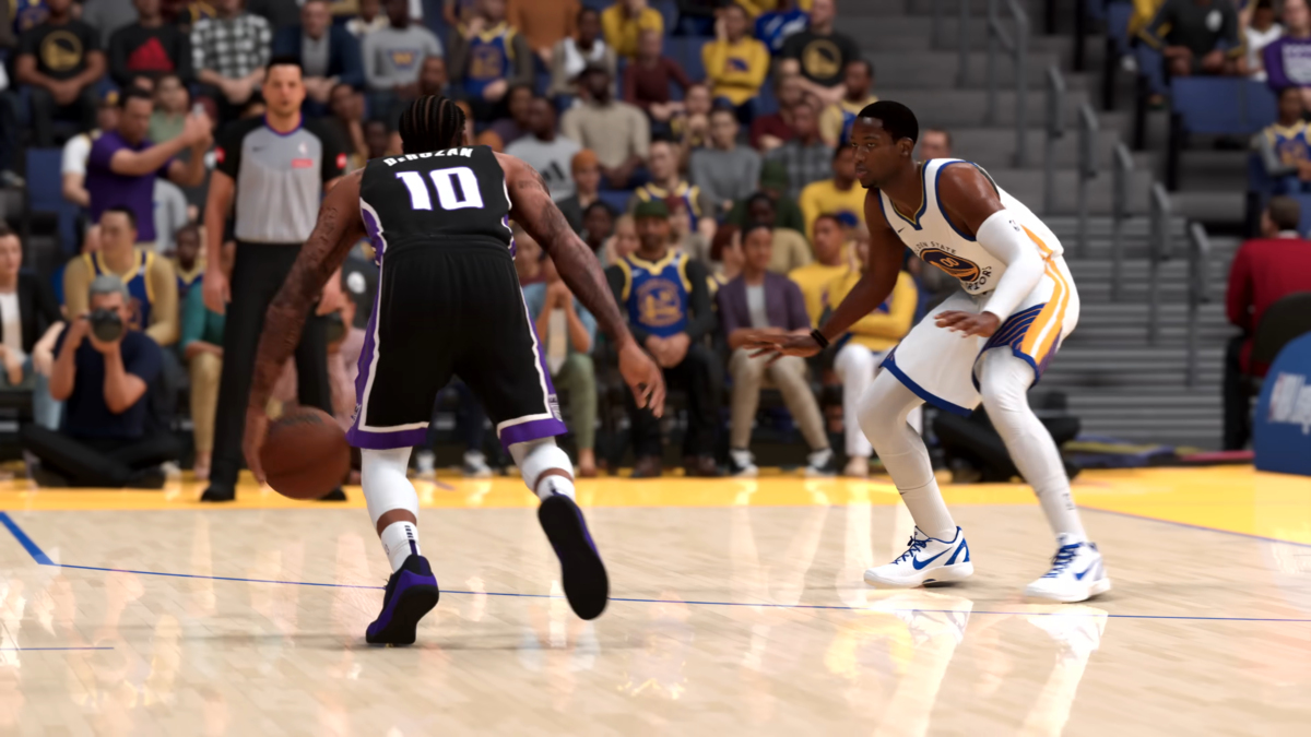 In-game screenshot of player dribbling ball in NBA 2K25