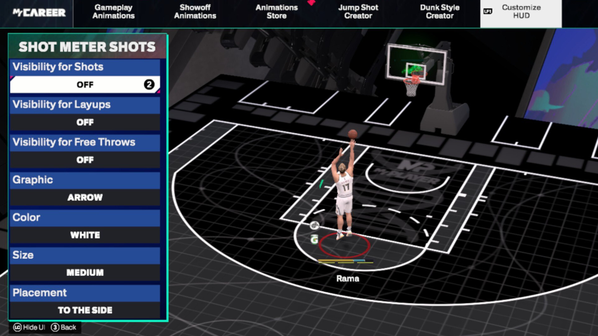 Turning off the Shot Meter in NBA 2K25 using the Customize HUD screen.