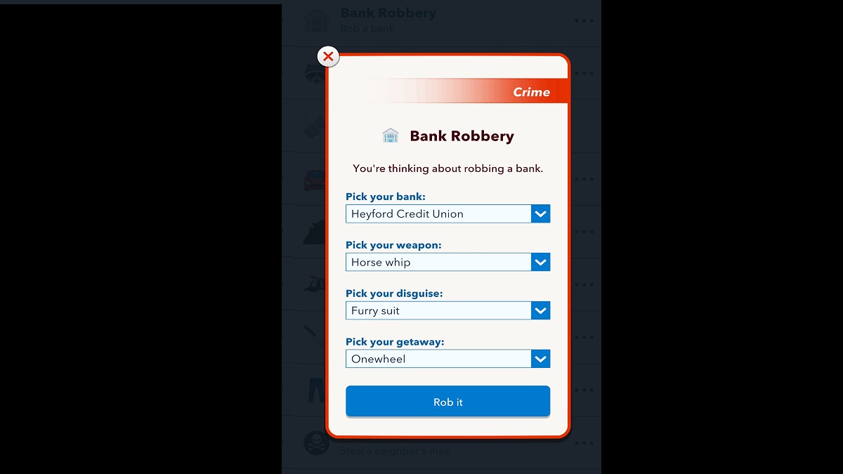 BitLife bank robbery menu with furry suit