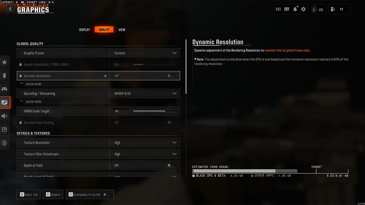 The PC settings screen on PC in Call of Duty Black Ops 6