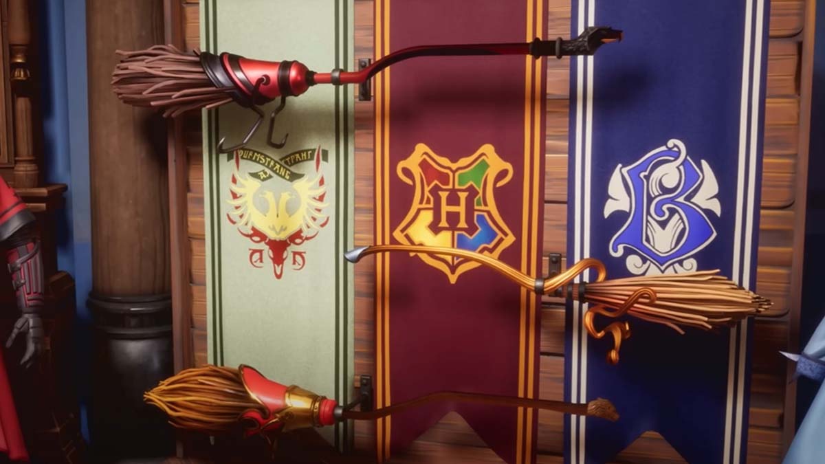 A set of brooms hanging on the wall in Harry Potter: Quidditch Champions