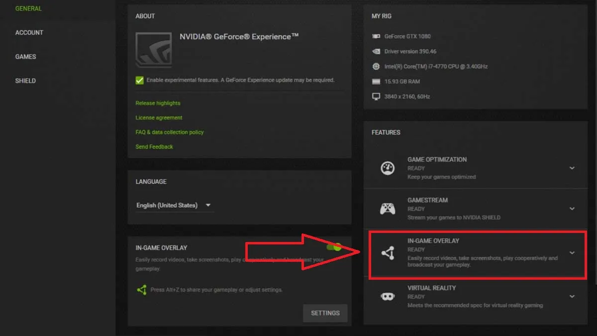 In-game overlay settings in GeForce Experience