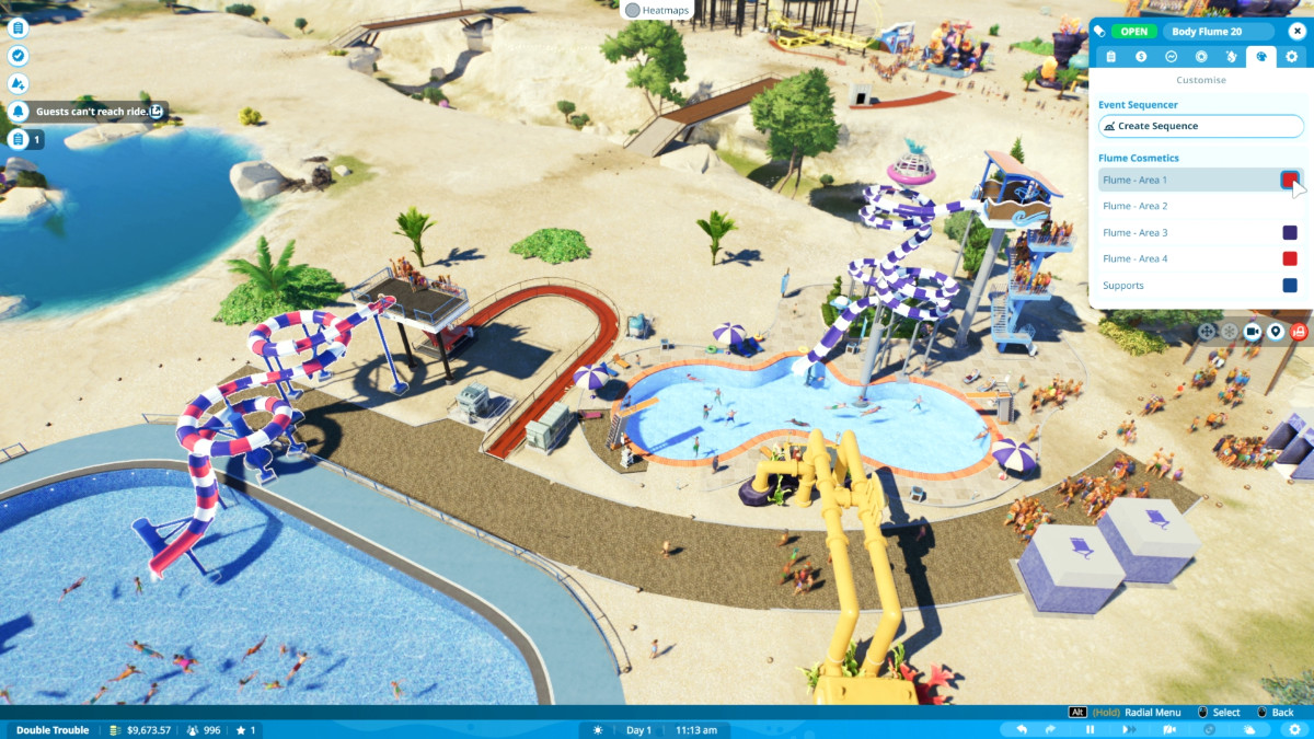 Two pools full of swimmers viewed from above in Planet Coaster 2.