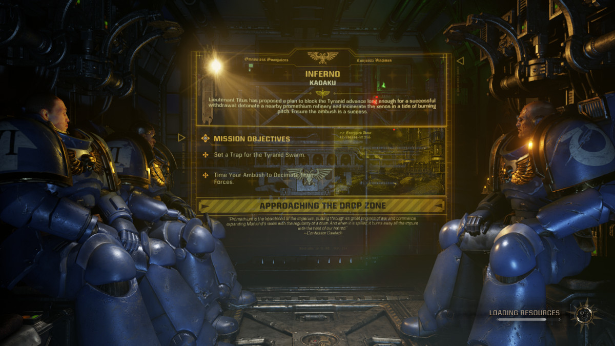 Three space marines from Space Marine 2 on board a ship with a mission briefing in yellow in the background