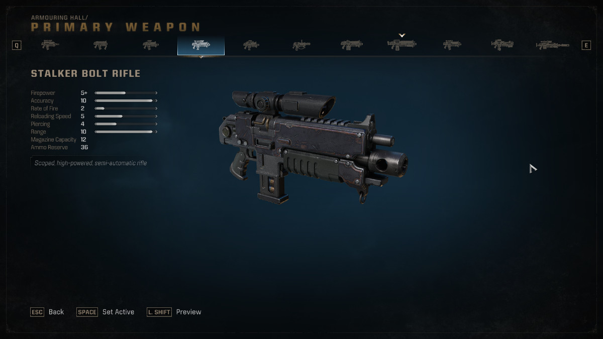 The Stalker bolt rifle as seen from the weapon selection menu of Warhammer 40K: Space Marine 2