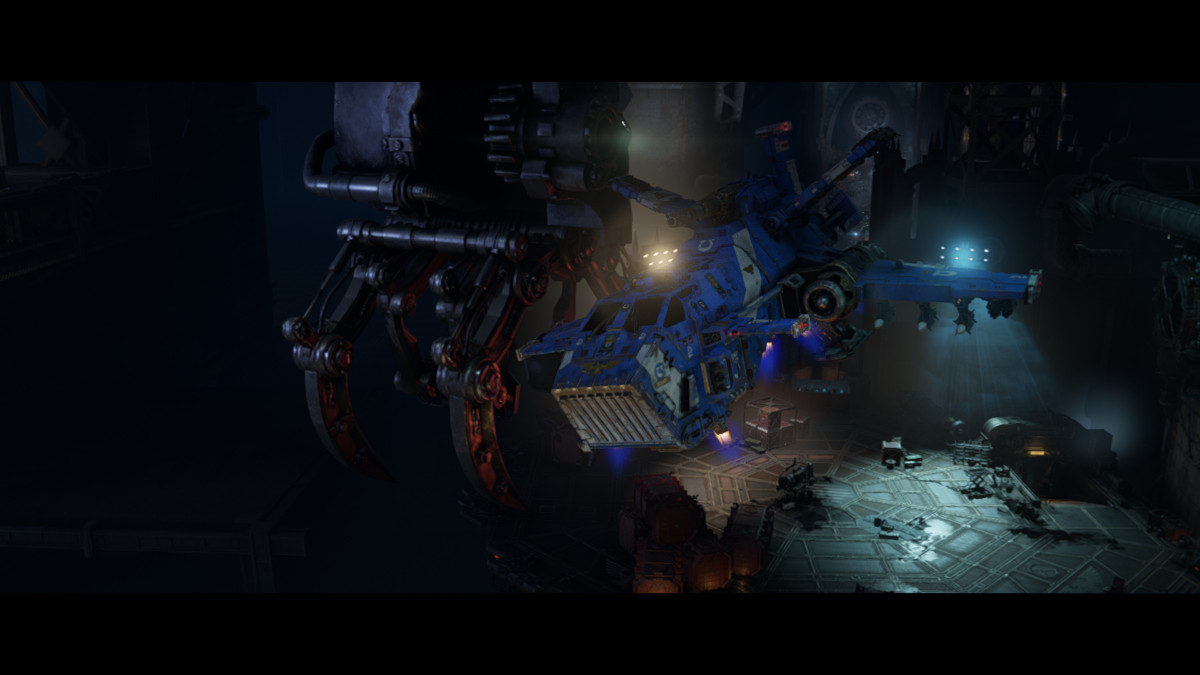 a screenshot from Space Marine 2 showing a blue spaceship taking off from a dark helipad