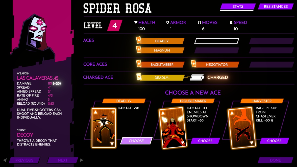 Wild Bastards Spider Rosa Ace choices between three cards on character screen