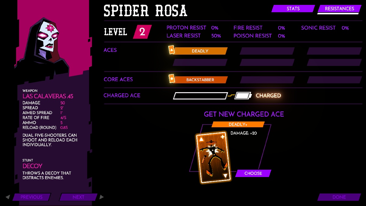 Wild Bastards Spider Rosa Charged Ace upgrade on character screen