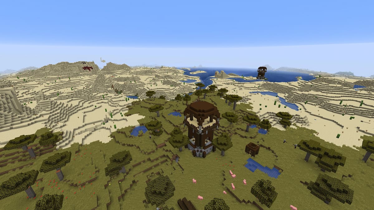 A Minecraft Desert filled with Desert Temples and Pillager Outposts