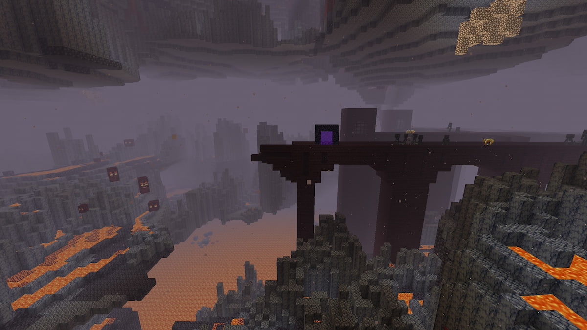 A Minecraft Nether portal on the edge of a Nether Fortress