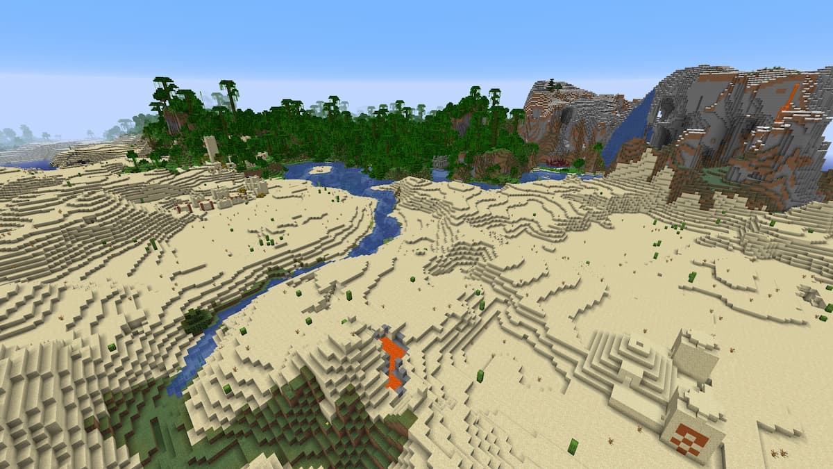 A Desert and Jungle biome combination with four structures in Minecraft