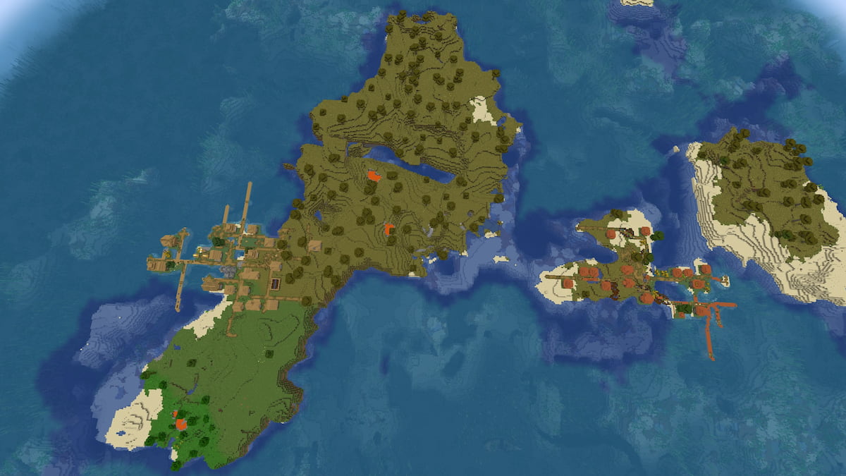 A Minecraft island with a Plains Village and a Savanna Village