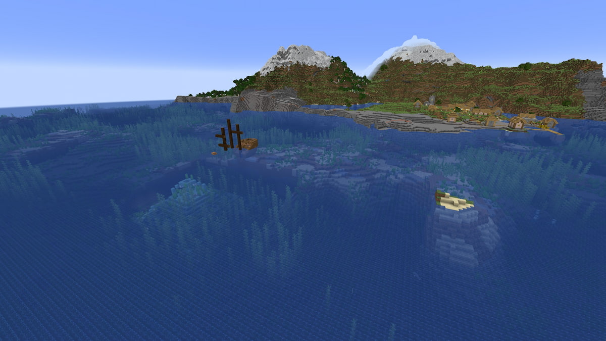 A Minecraft shipwreck cut in half floating over an Ocean Monument