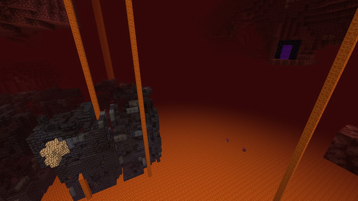 A Nether portal leading to a Bastion Remnant in Minecraft