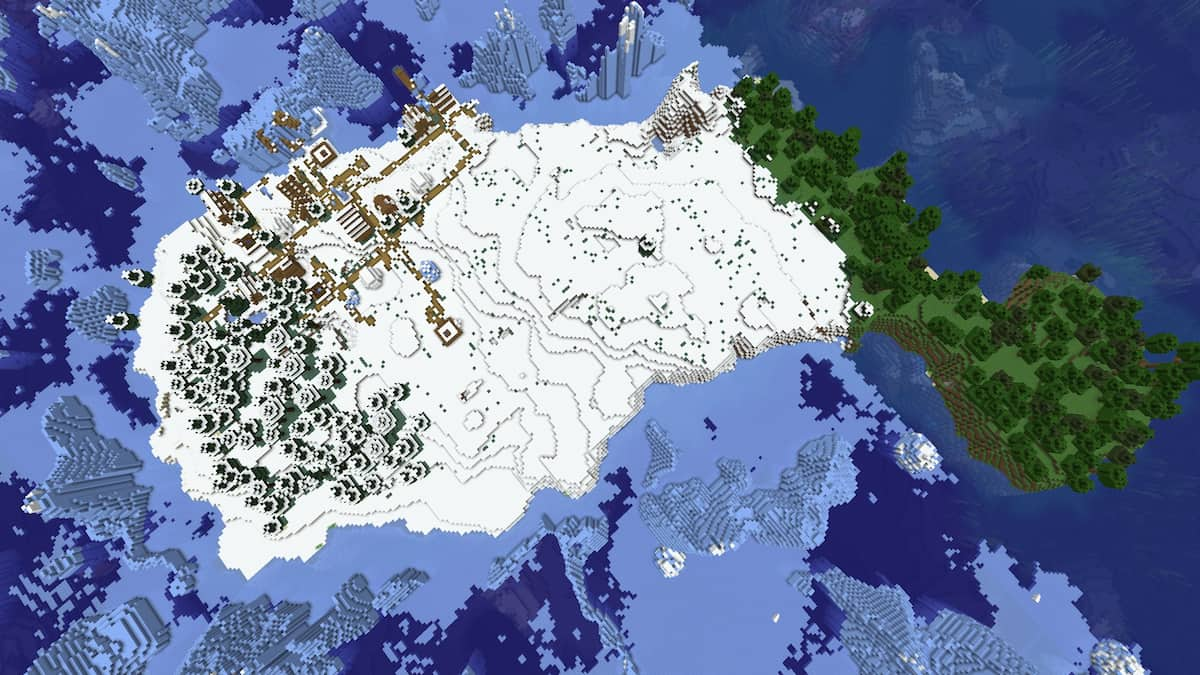 A snowy Minecraft island with a Snowy Village