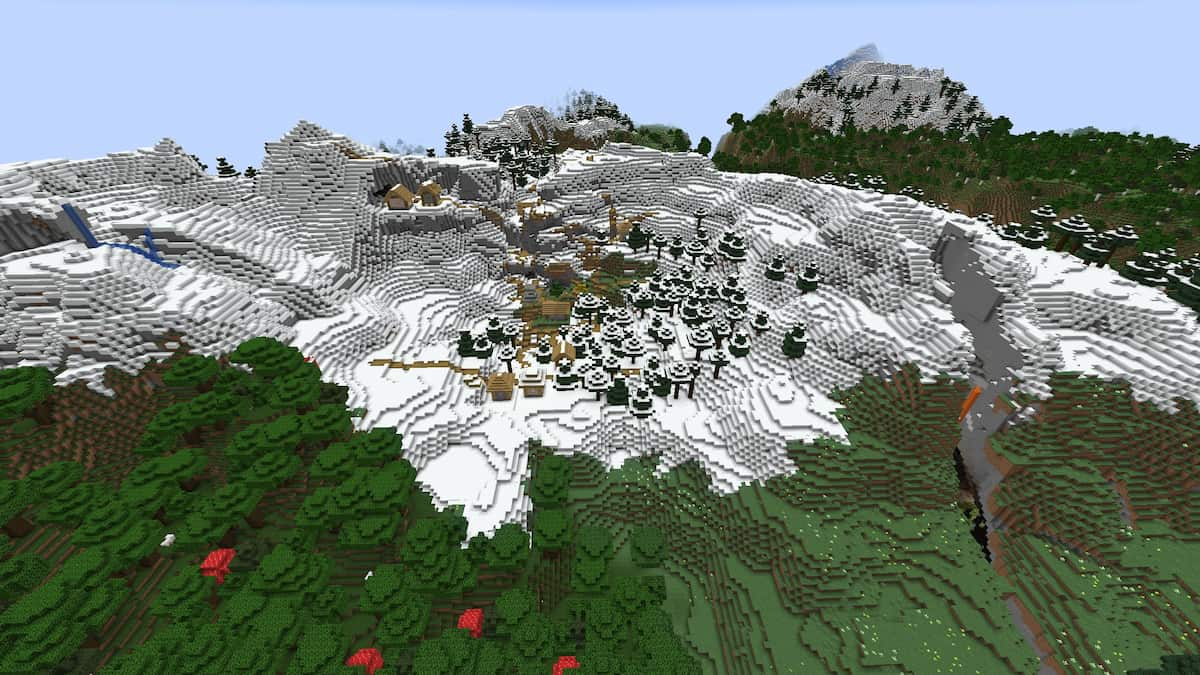 A Minecraft village in a crater on a Meadow Mountain