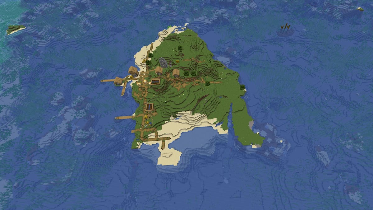 A small Minecraft survival island with a Plains Village and a shipwreck