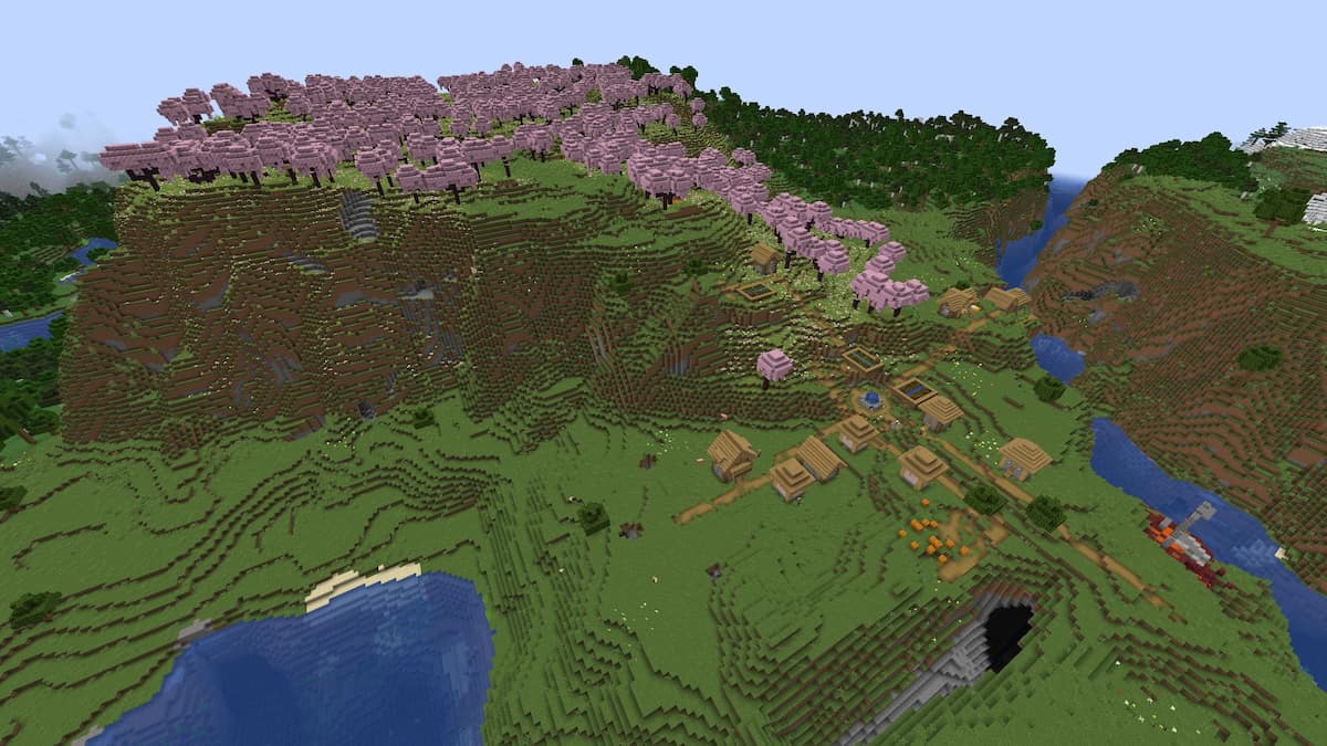 A Cherry Grove with a Plains Village and a ruined portal in Minecraft