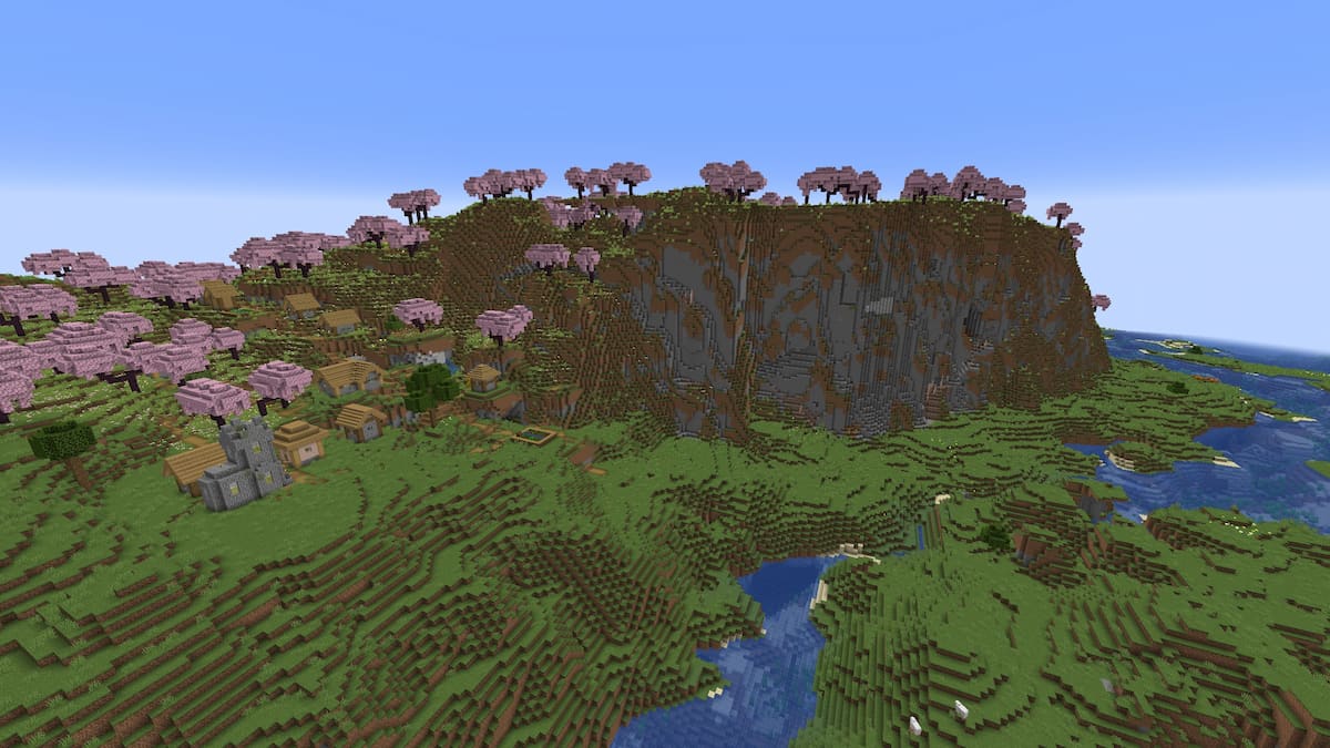 A set of tall Minecraft cliffs with Cherry Grove biomes on top