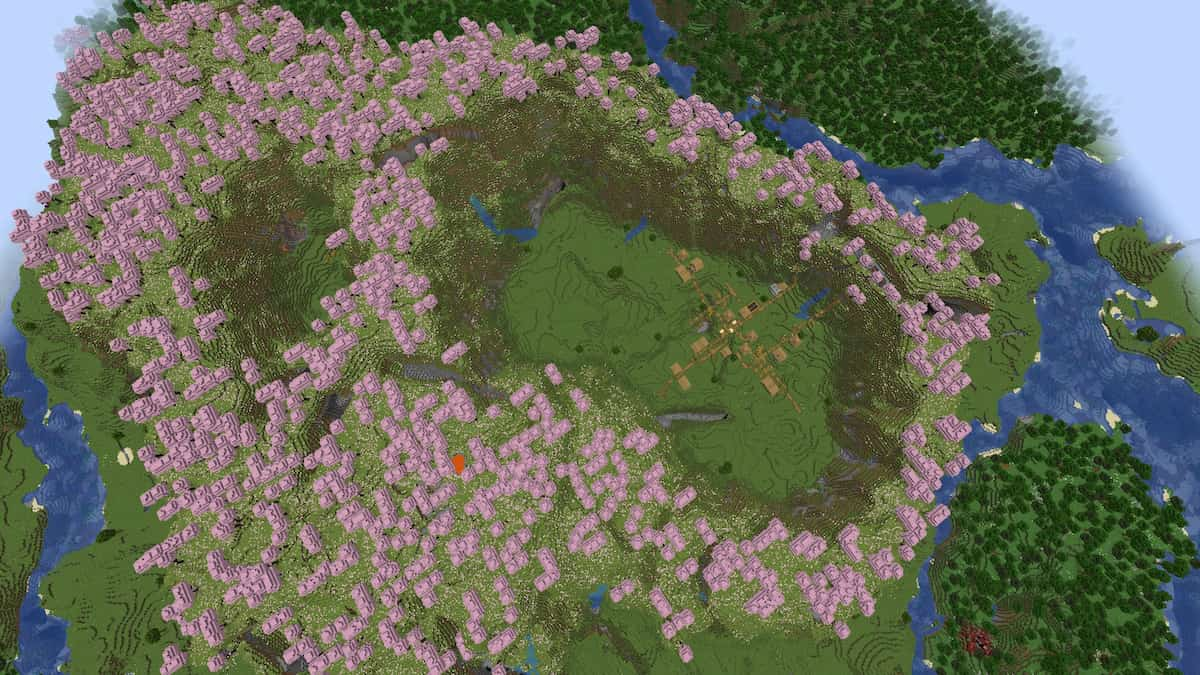 A Minecraft Plains Village within a crater in a Cherry Grove biome