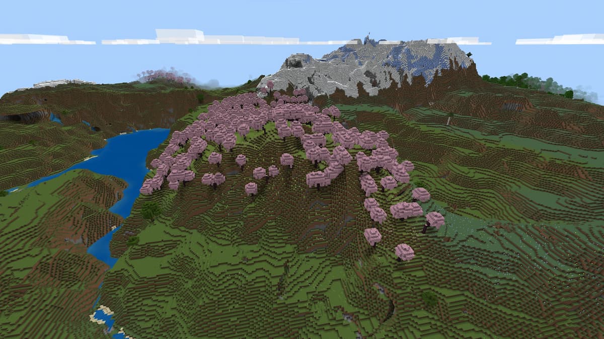 A small Cherry Grove hill in Minecraft