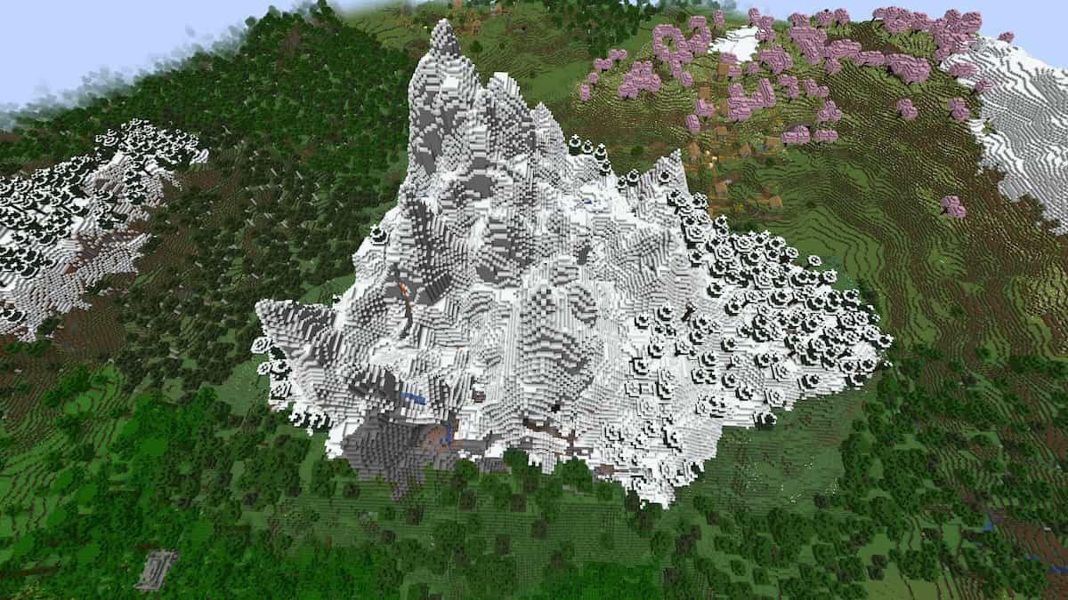 A Minecraft Cherry Grove next to a Snowy Mountain with a Jungle Temple