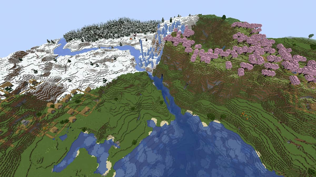 A ring of Cherry Grove biome next to an Ice Spikes biome in Minecraft