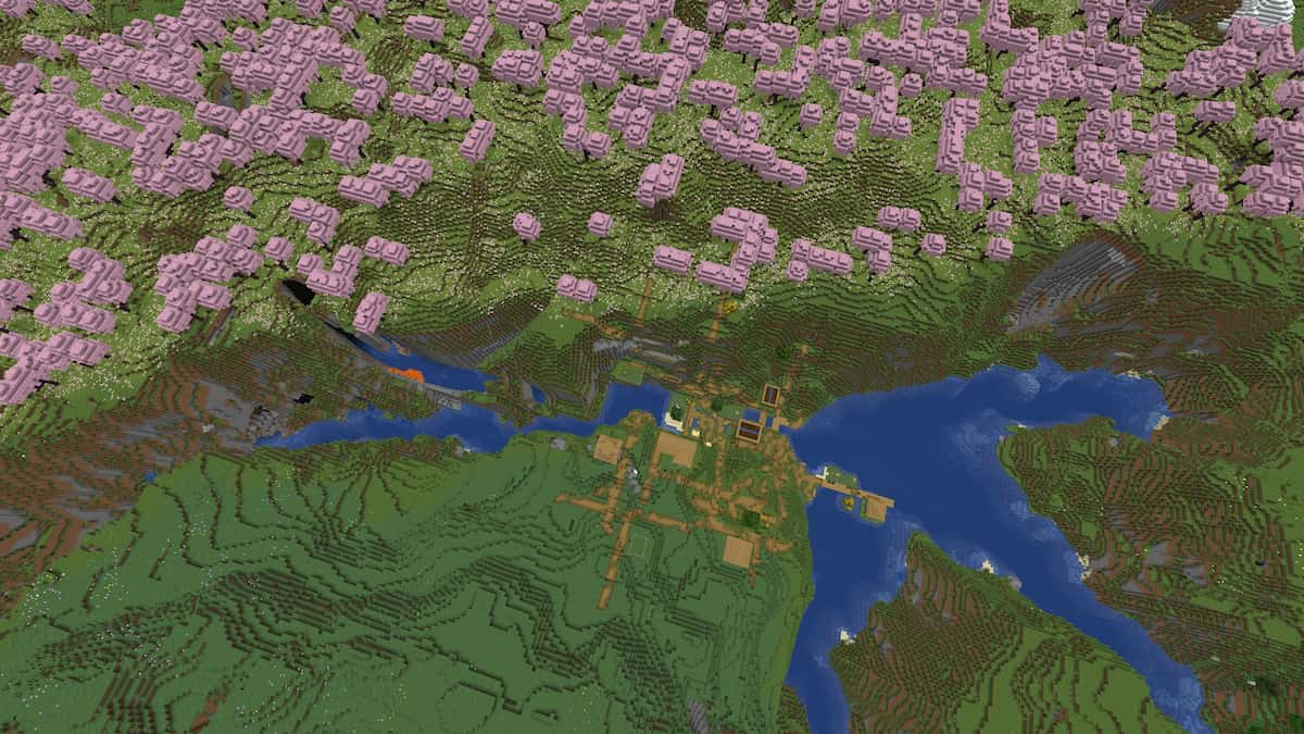 A Cherry Grove biome in Minecraft with a Plains Village and a water-filled ravine