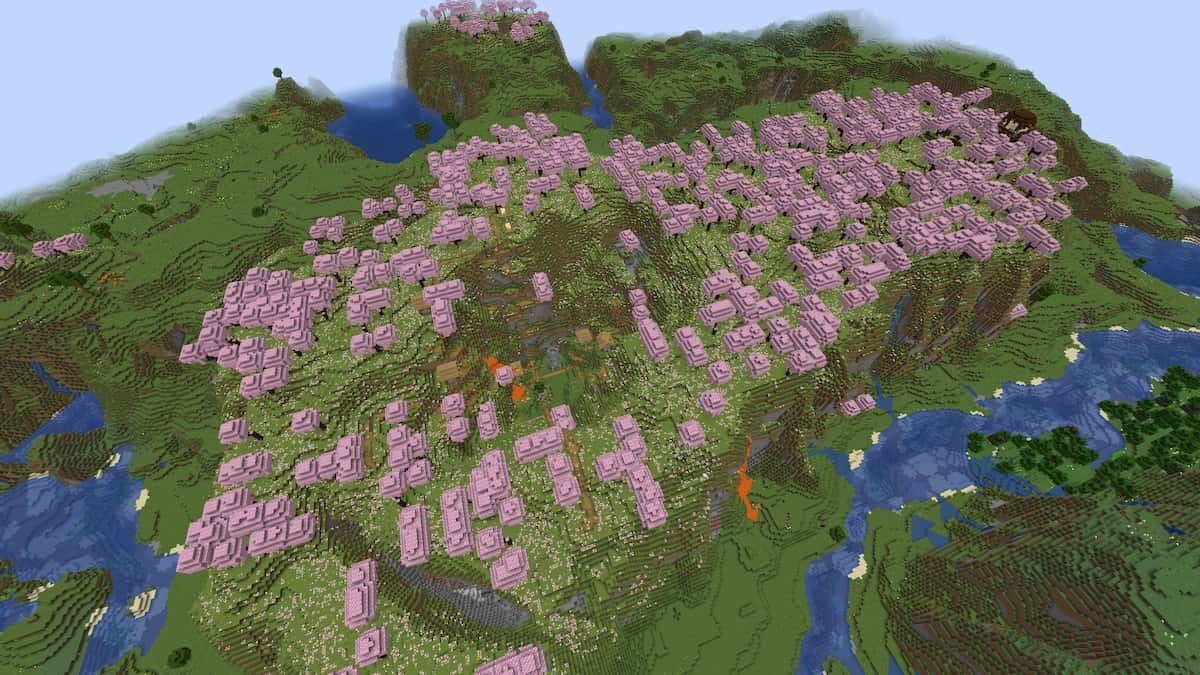 A Cherry Grove with a Plains Village and a Pillager Outpost in Minecraft