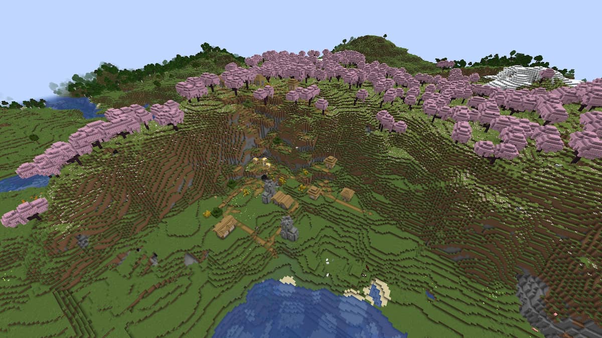 A large Plains Village in front of a Minecraft Cherry Grove biome