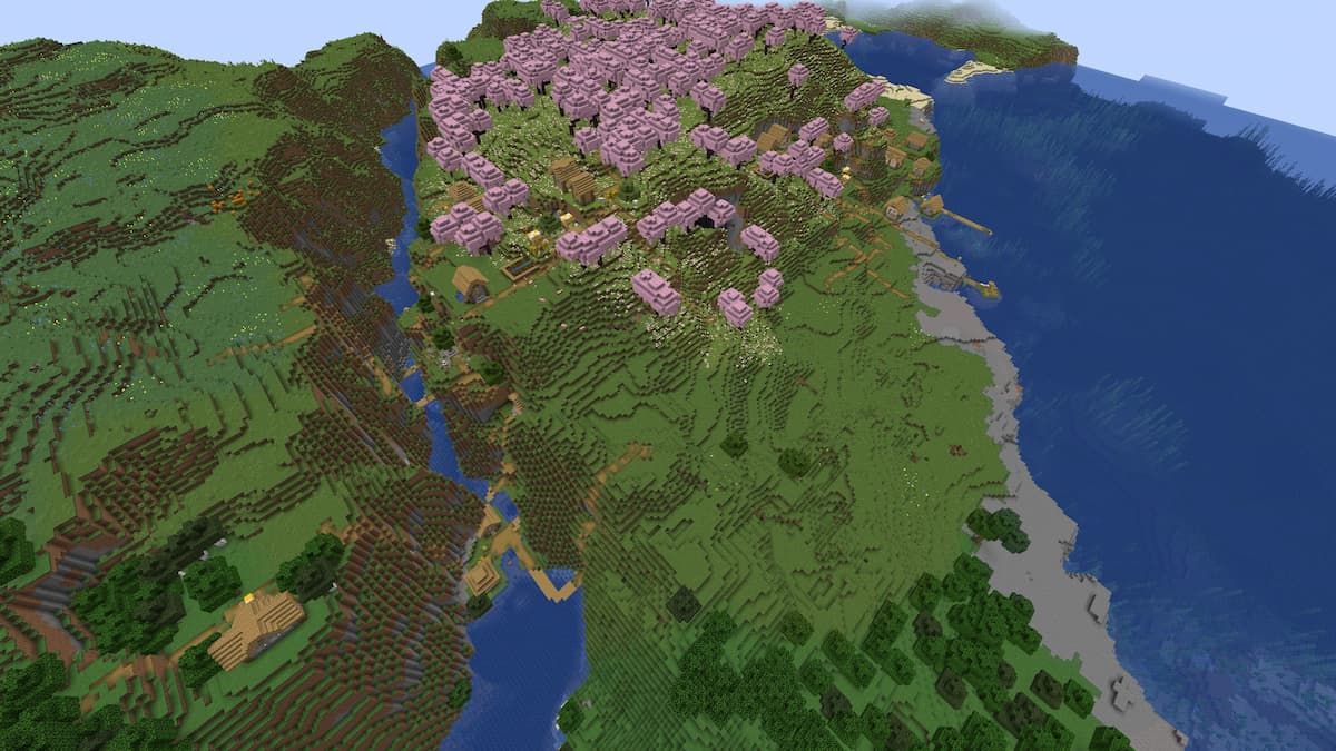 A large Plains Village in a Cherry Grove next to the ocean in Minecraft