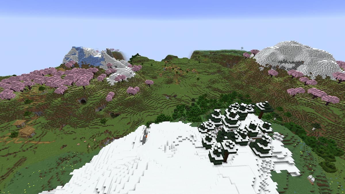 Two small Cherry Grove mountains with two Minecraft Plains Villages