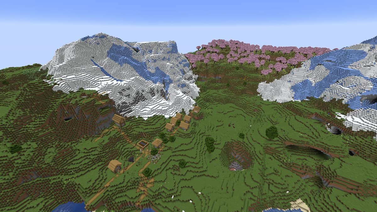 A Cherry Grove biome with a Plains Village between two Frozen peaks mountains in Minecraft