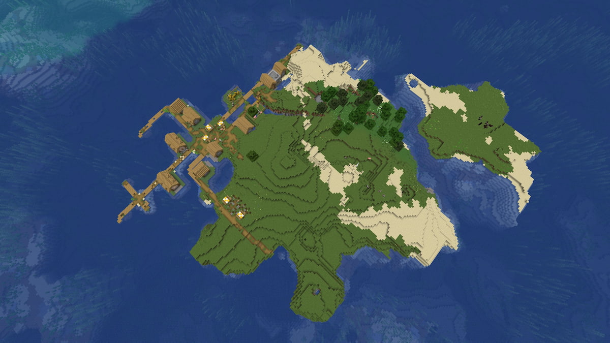 A starting Minecraft island with a Plains Village with a Blacksmith