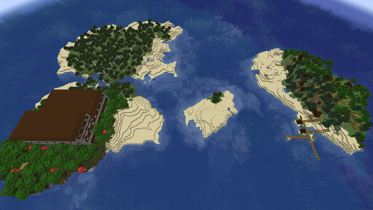 A trio of Minecraft islands with a Taiga Village and a Woodland Mansion