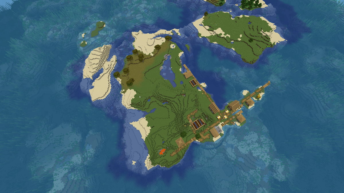 A Minecraft island with a long Plains Village