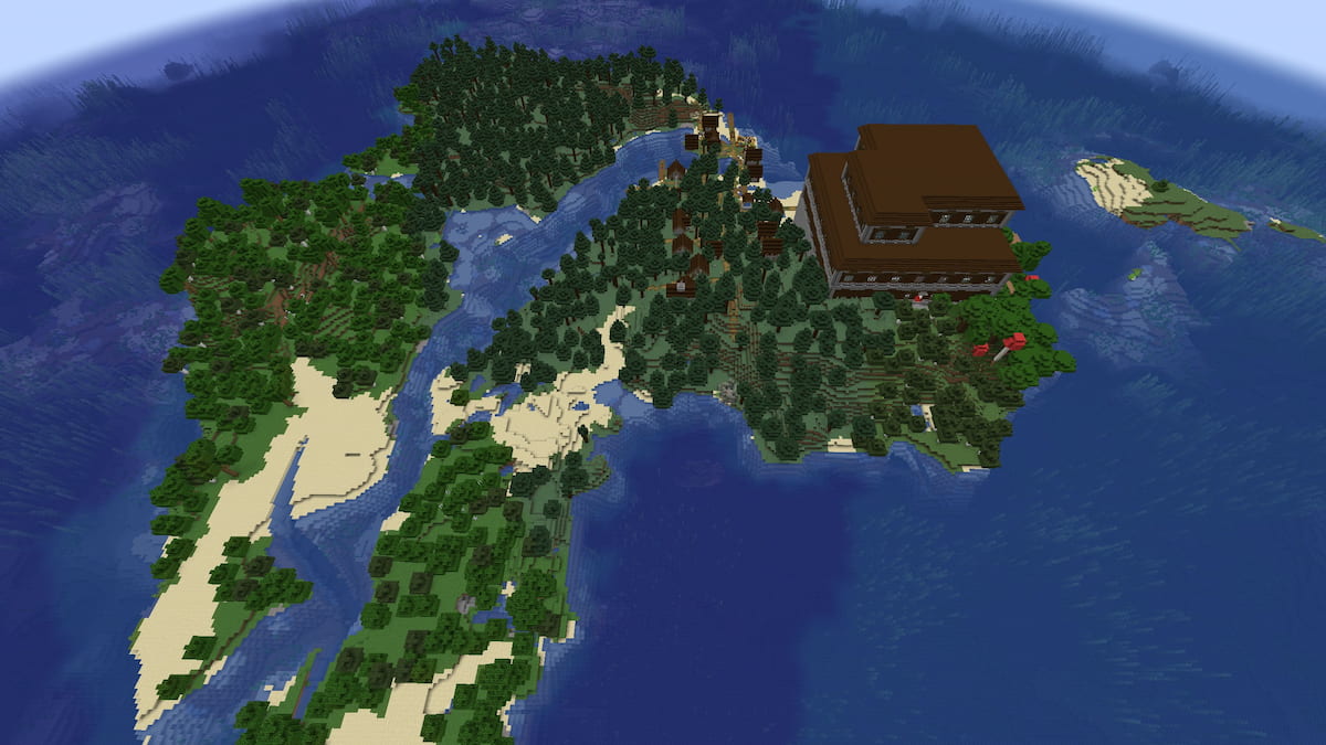 A forested island with a Woodland Mansion and a Taiga Village in Minecraft