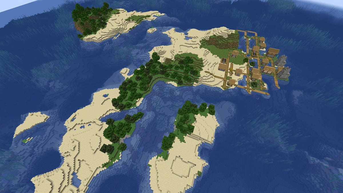 A beach and Plains island with a Plains Village and two shipwrecks in Minecraft