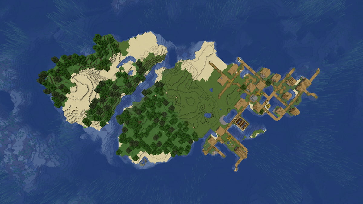 A small island with forest, plains, and beach biomes and a Plains Village in Minecraft