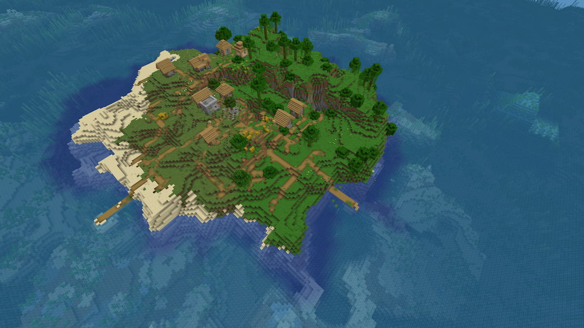 A small Minecraft island near an Ocean Monument in a Warm Ocean