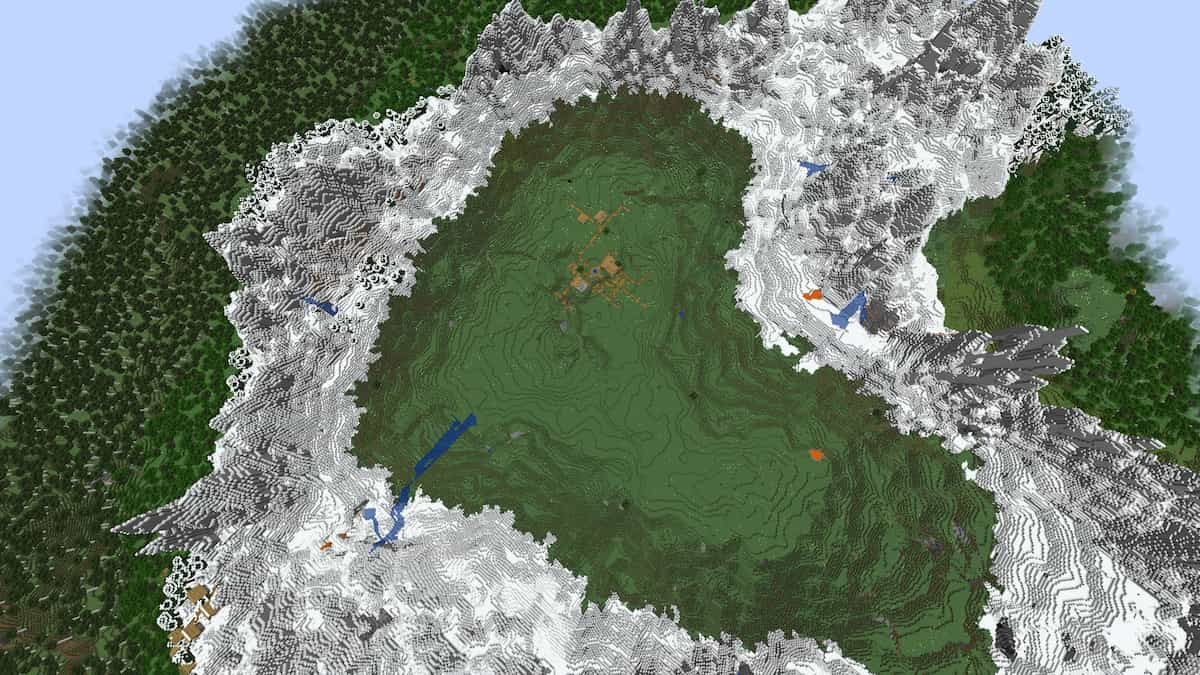 A Minecraft village inside of a heart-shaped crater