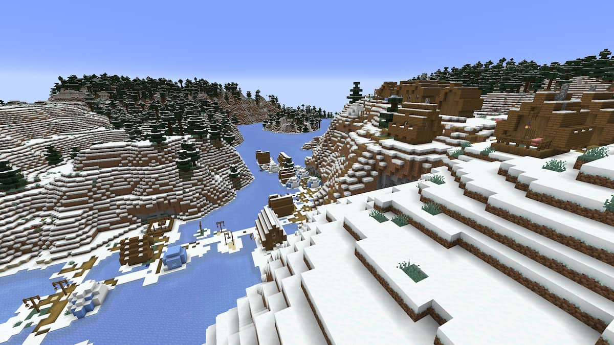 A Minecraft Snowy Village on a Frozen River biome