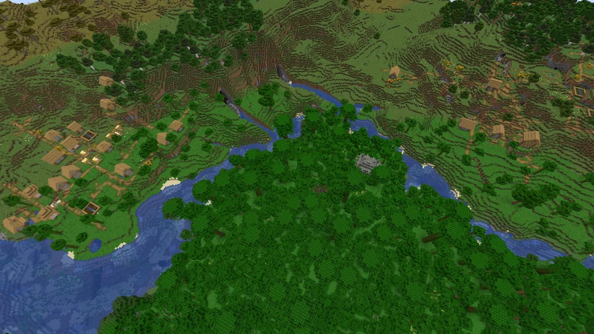 Two Plains Villages and a Jungle Temple on the side of a Minecraft river