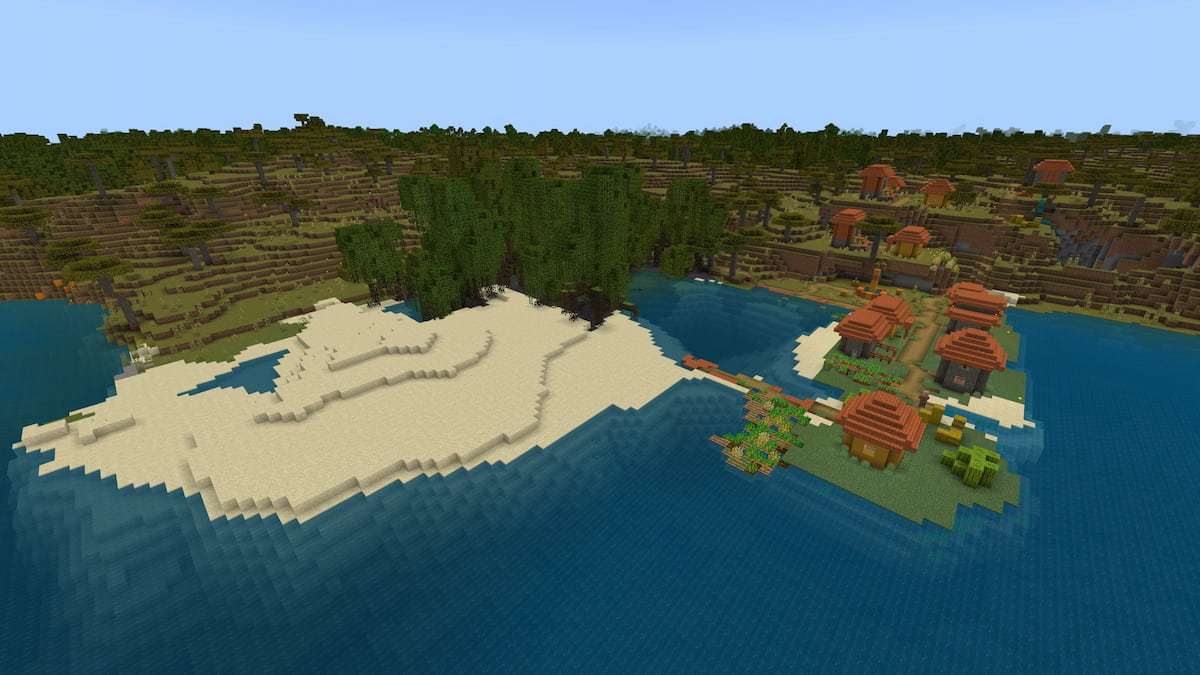 A Minecraft Savanna Village on a beach with a Mangrove Swamp