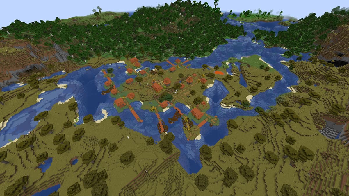 A Savanna Village on a small island in the middle of a Minecraft river